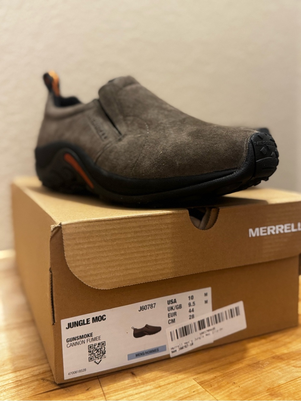 Merrell Jungle Moc Slip-On Loafers in Gunsmoke and Orange Accent